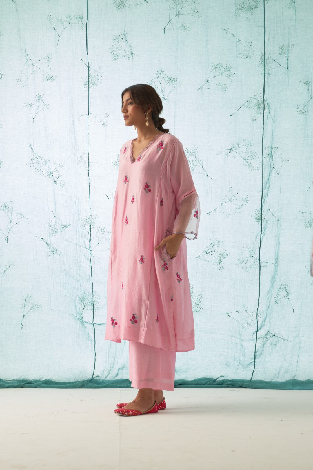 Pink With Floral Embroidered Kurta Set