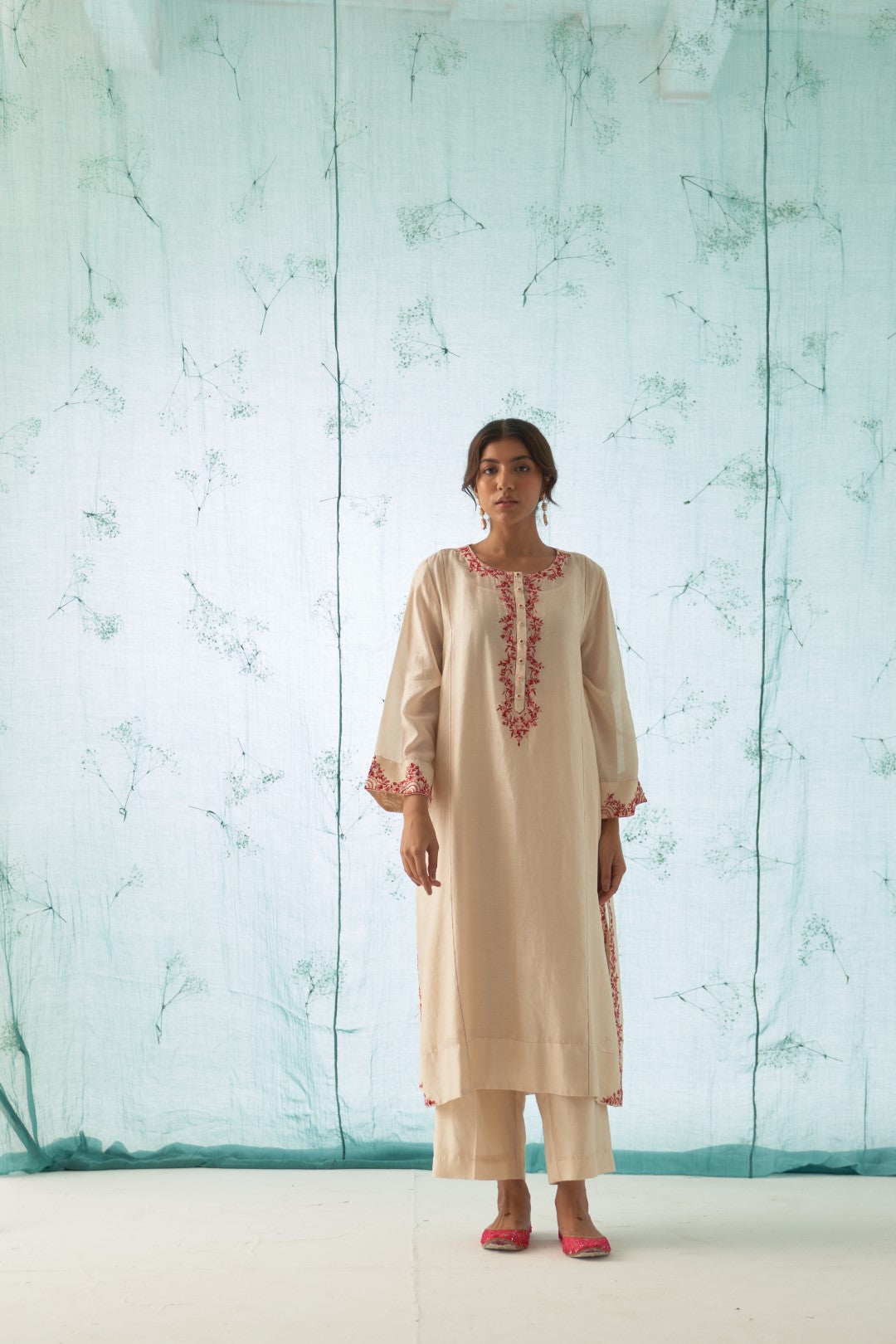 Ivory With Fushia Embroidered Kurta Set