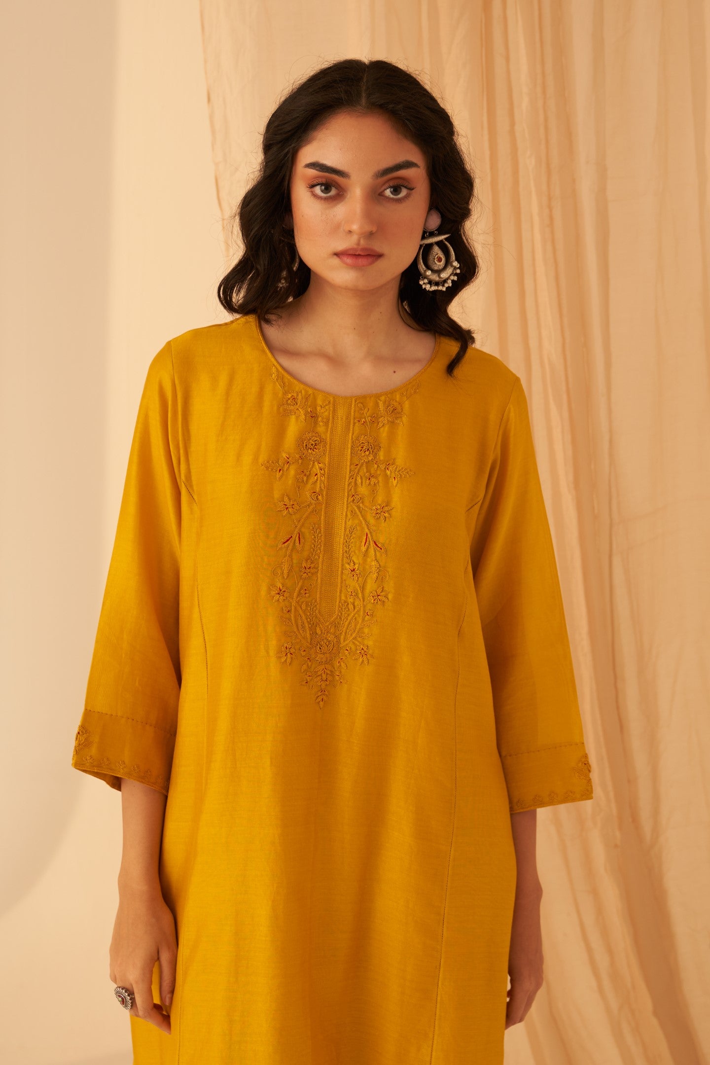 Mustard Chanderi floral  embroidered and katha stitched work kurta paired with pant & organza dupatta