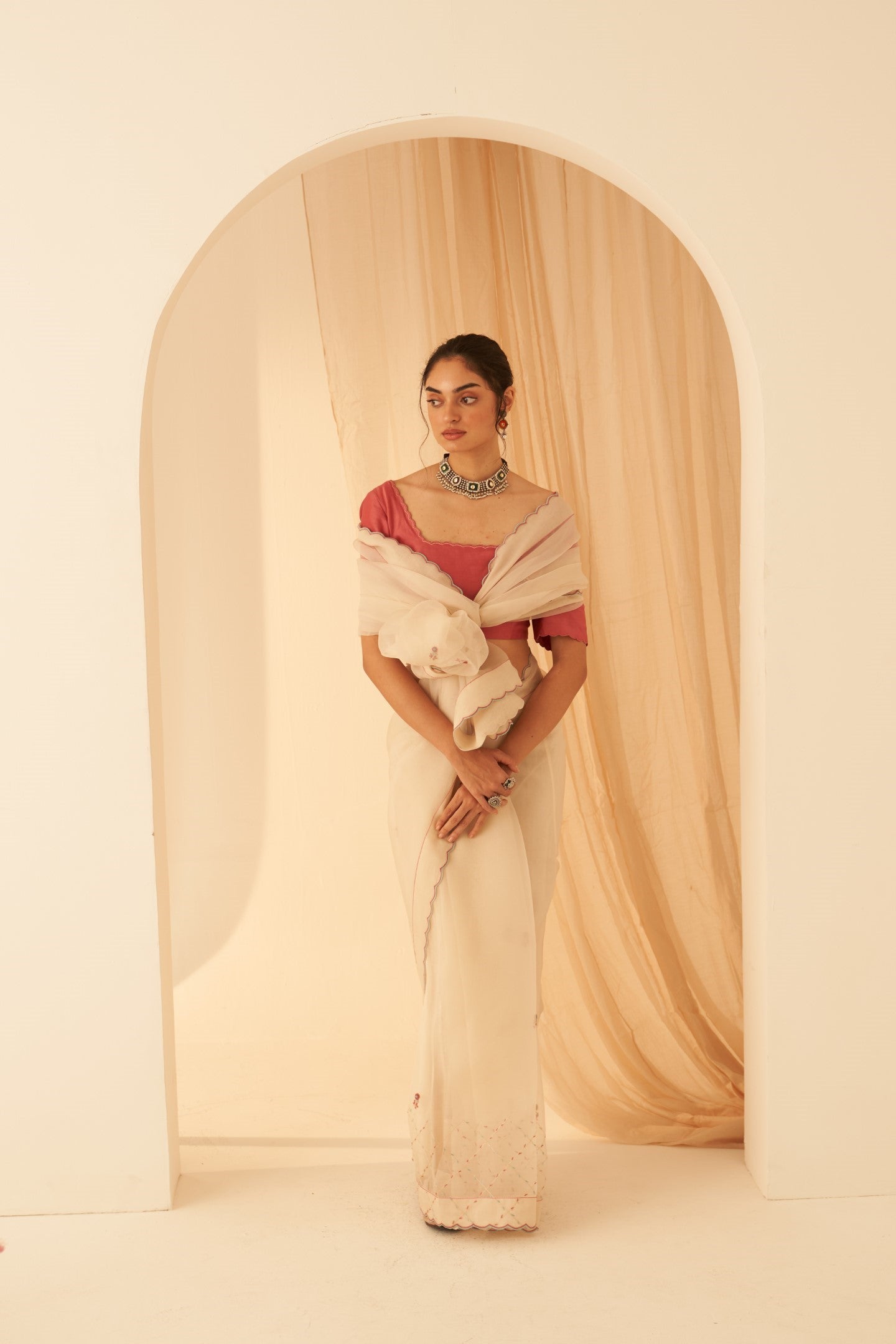 Ivory organza bullion & elegant resham jaal work saree paired with an organic & cotton stitched petticoat