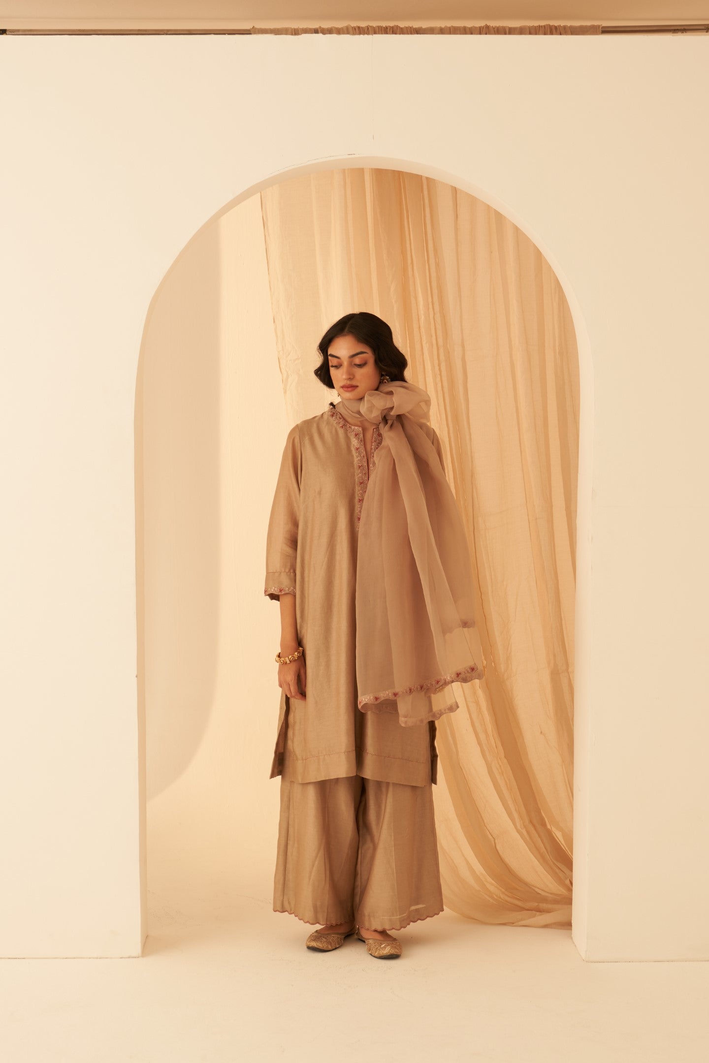 Champagne chanderi sindhi stitch work kurta paired with pant & organza dupatta