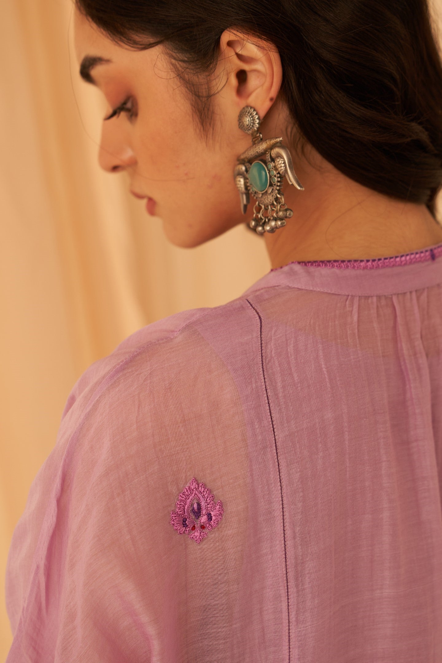 Lilac Chanderi floral buta embroidered Tunic paired with cotton slip & afghani salwar