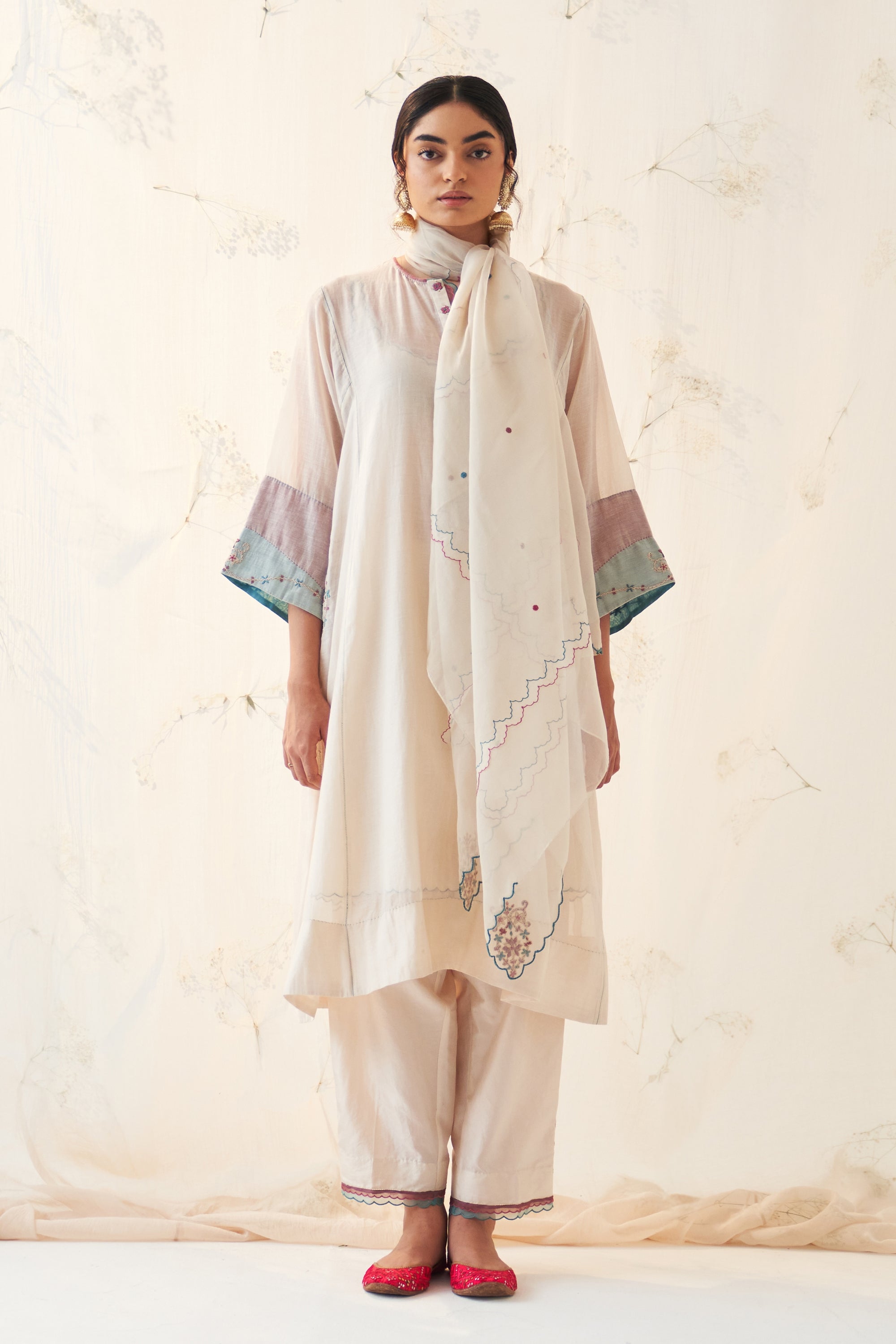 Chanderi Organza Kantha Work Kurta Set