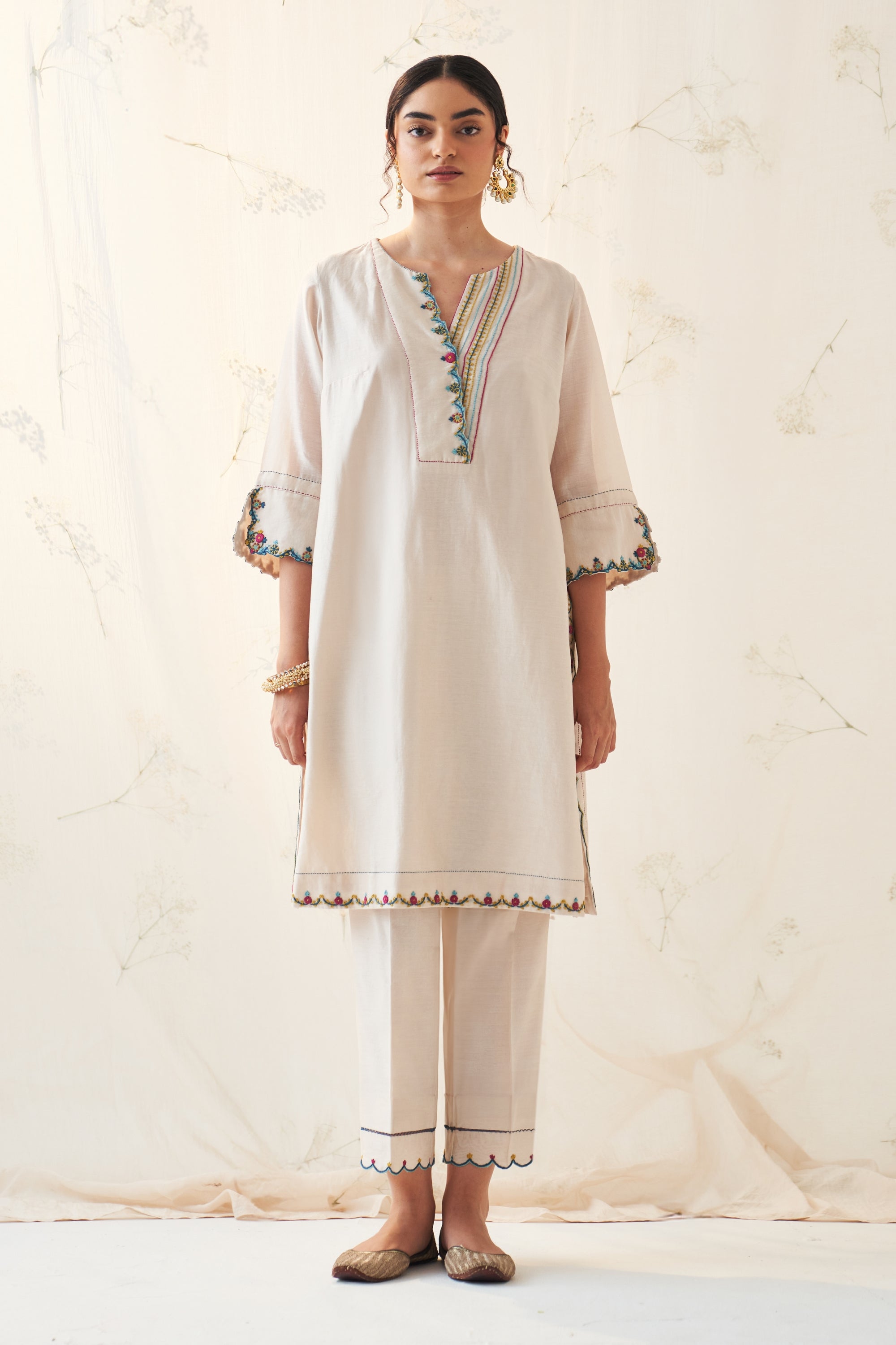 Ivory Multi Thread Scallop Chanderi Kurta Set