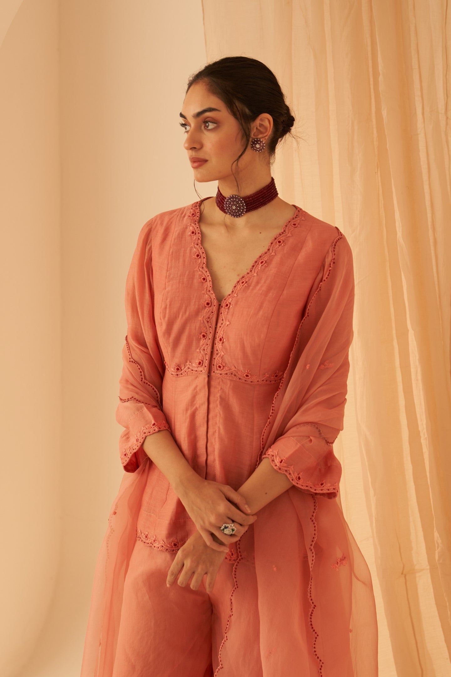 Peach Chanderi embroidered with bullion work peplum with sharara & organza dupatta