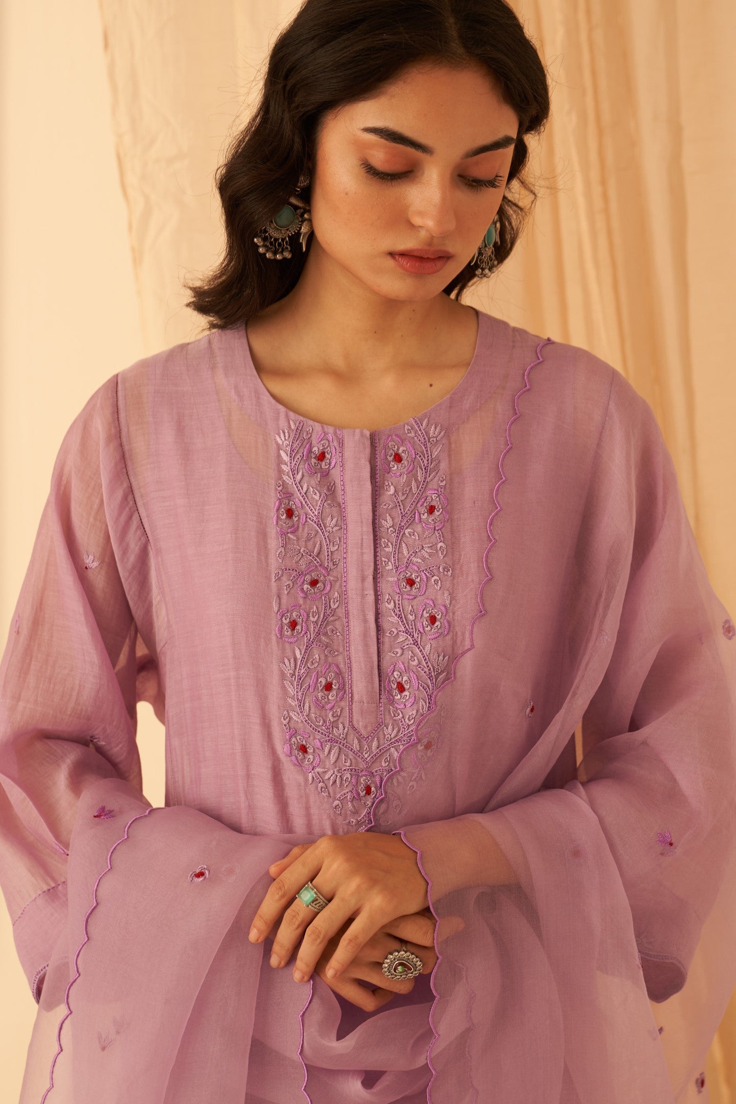 Lilac chanderi floral embroidered and katha work kurta paired with cotton slip, afghani salwar & organza dupatta