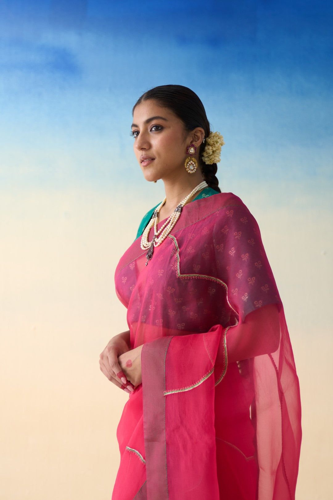 Fuchsia pink organza embroidered  saree comes with an organic cotton stitched petticoat (02 Pcs.)