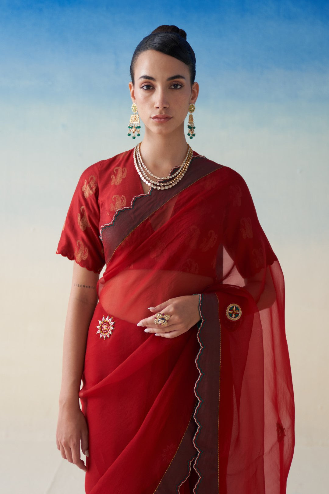 Red organza embroidered saree, comes with an organic cotton stitched petticoat (02 Pcs.)