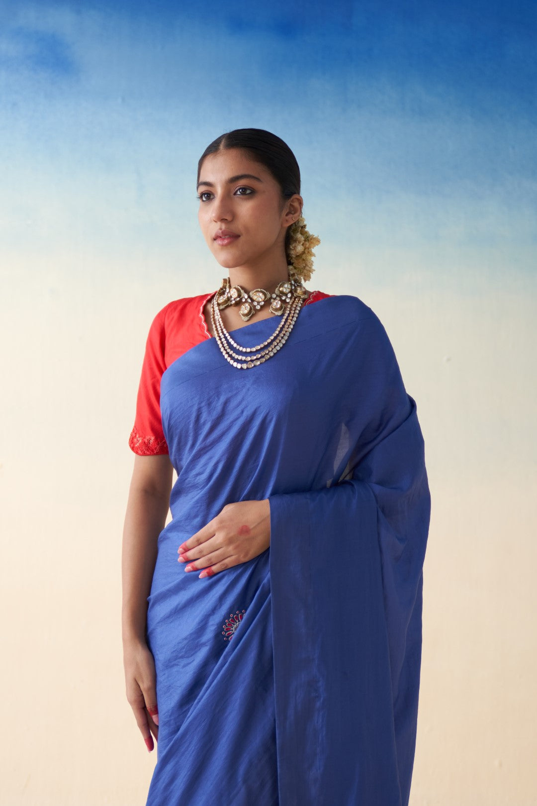 Blue dabka & thread embroidered silk saree comes with an organic cotton stitched petticoat (02 Pcs.)