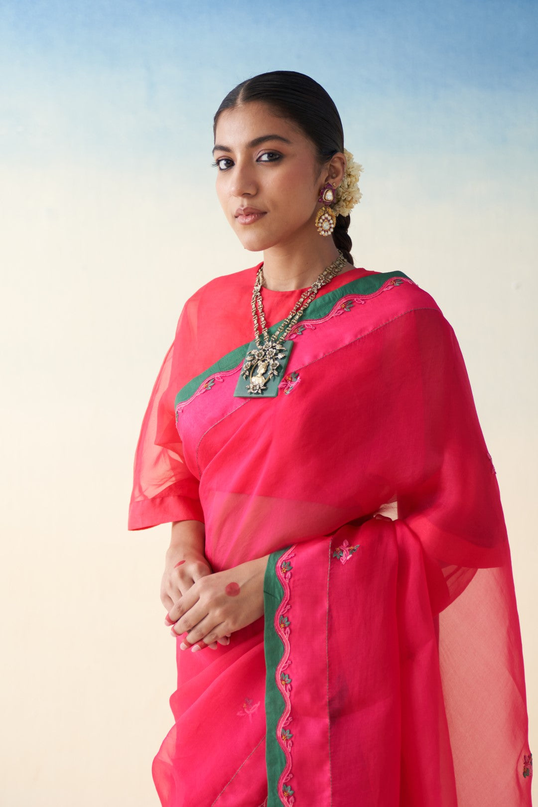 Magenta Embroidered organza saree comes with an organic cotton stitched petticoat (02 Pcs.)