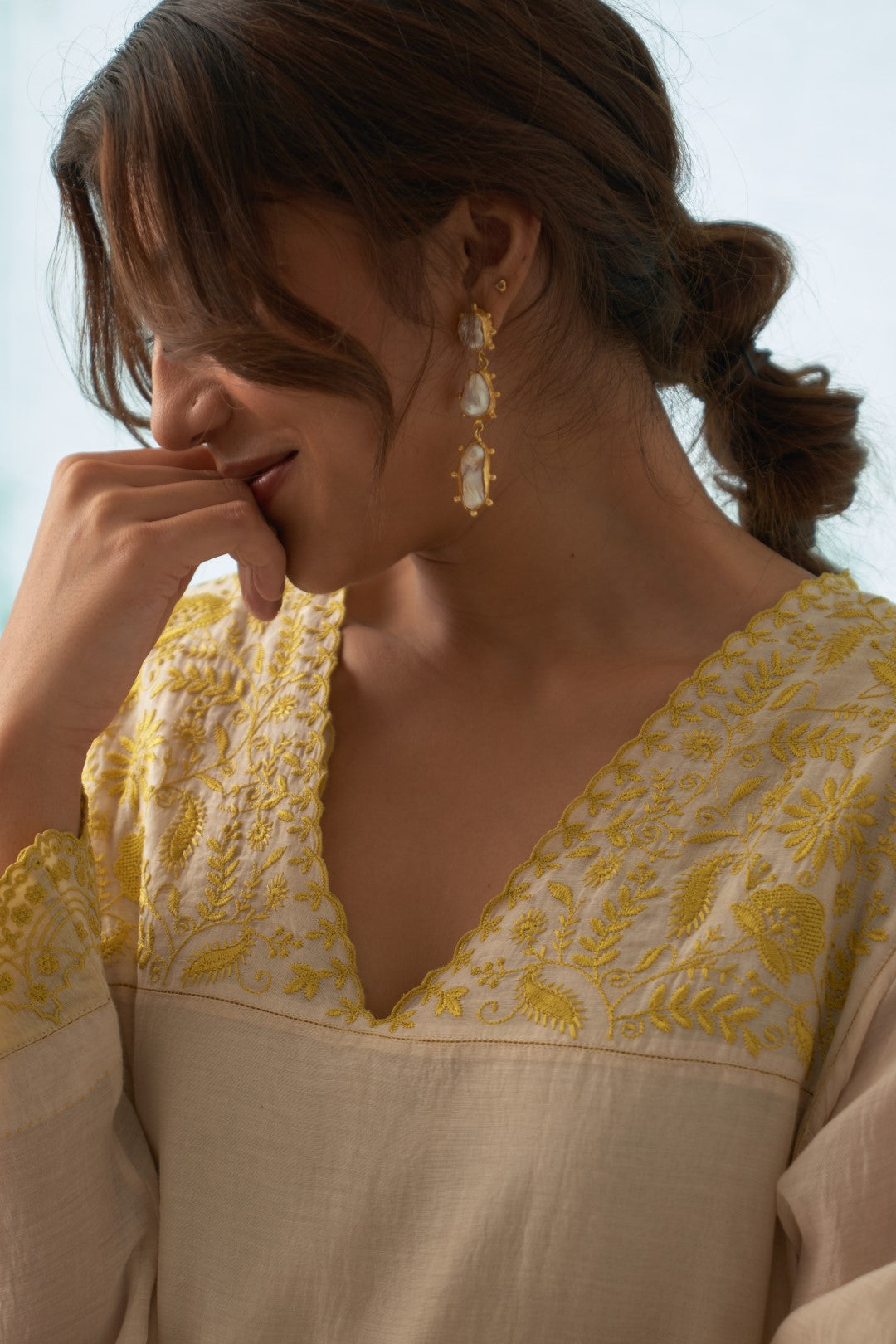 Ivory Yellow Embroidery On Neckline Kurta Set