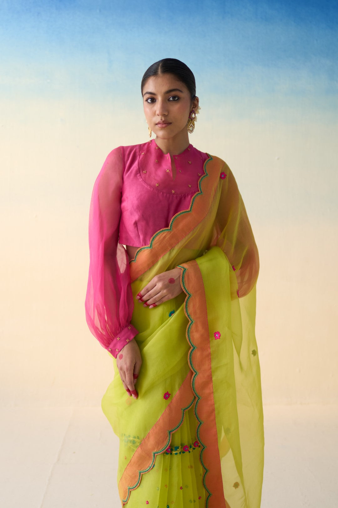 Lime green organza embroidered saree comes with an organic cotton  petticoat (02 Pcs.)