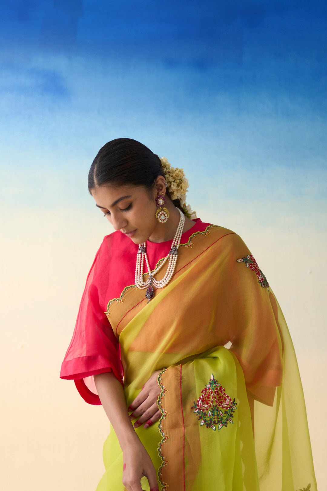 Lime yellow organza floral motifs saree comes with an organic cotton stitched petticoat (02 Pcs.)