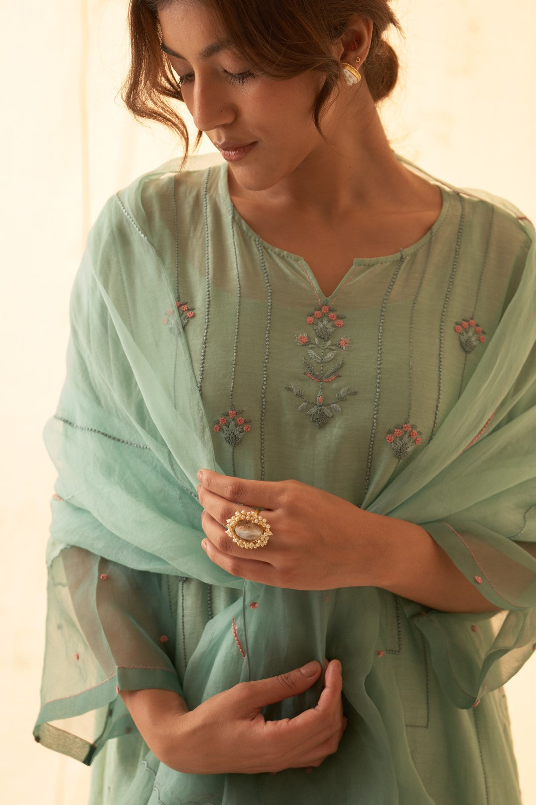 Aqua Floral Motiff Embroidered Kurta Set