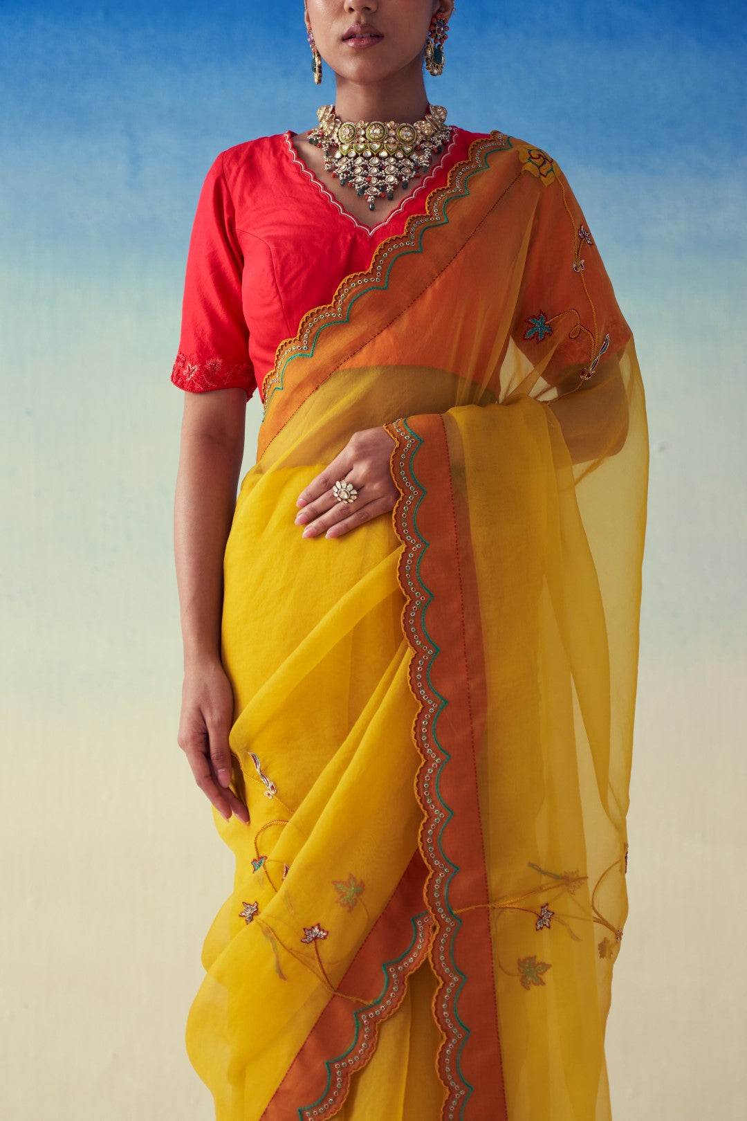 Yellow organza multicolor floral jaal embroidered saree comes with an organic cotton stitched petticoat (02 Pcs.)