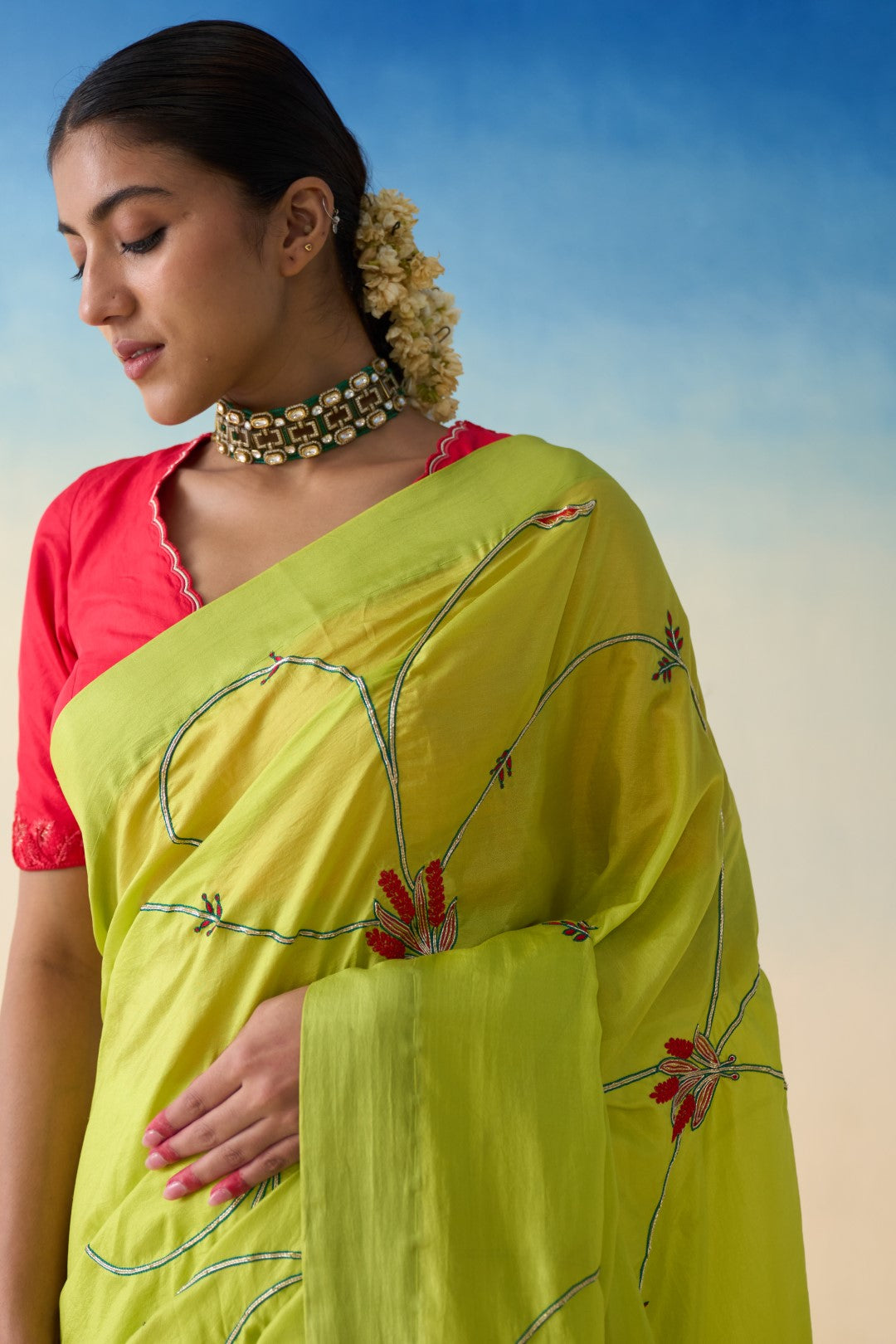 Lime green silk jaal embroidered saree comes with an organic cotton petticoat (02 Pcs.)