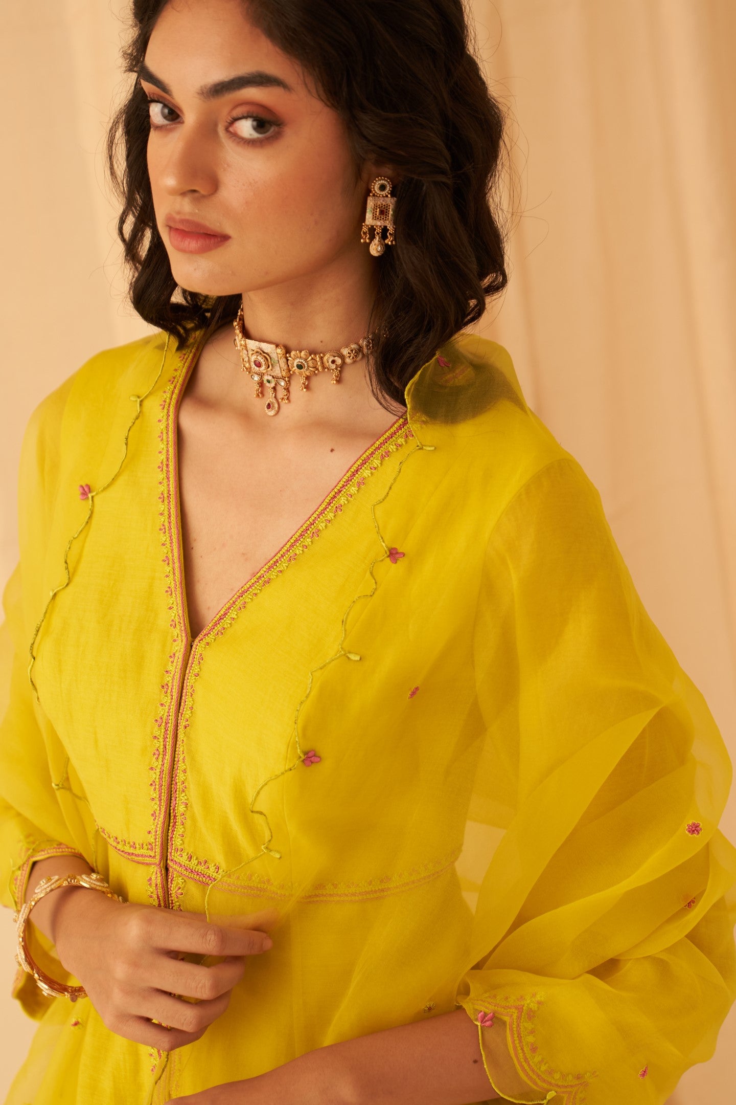 Lime yellow chanderi thread embroidered peplum with sharara & organza dupatta