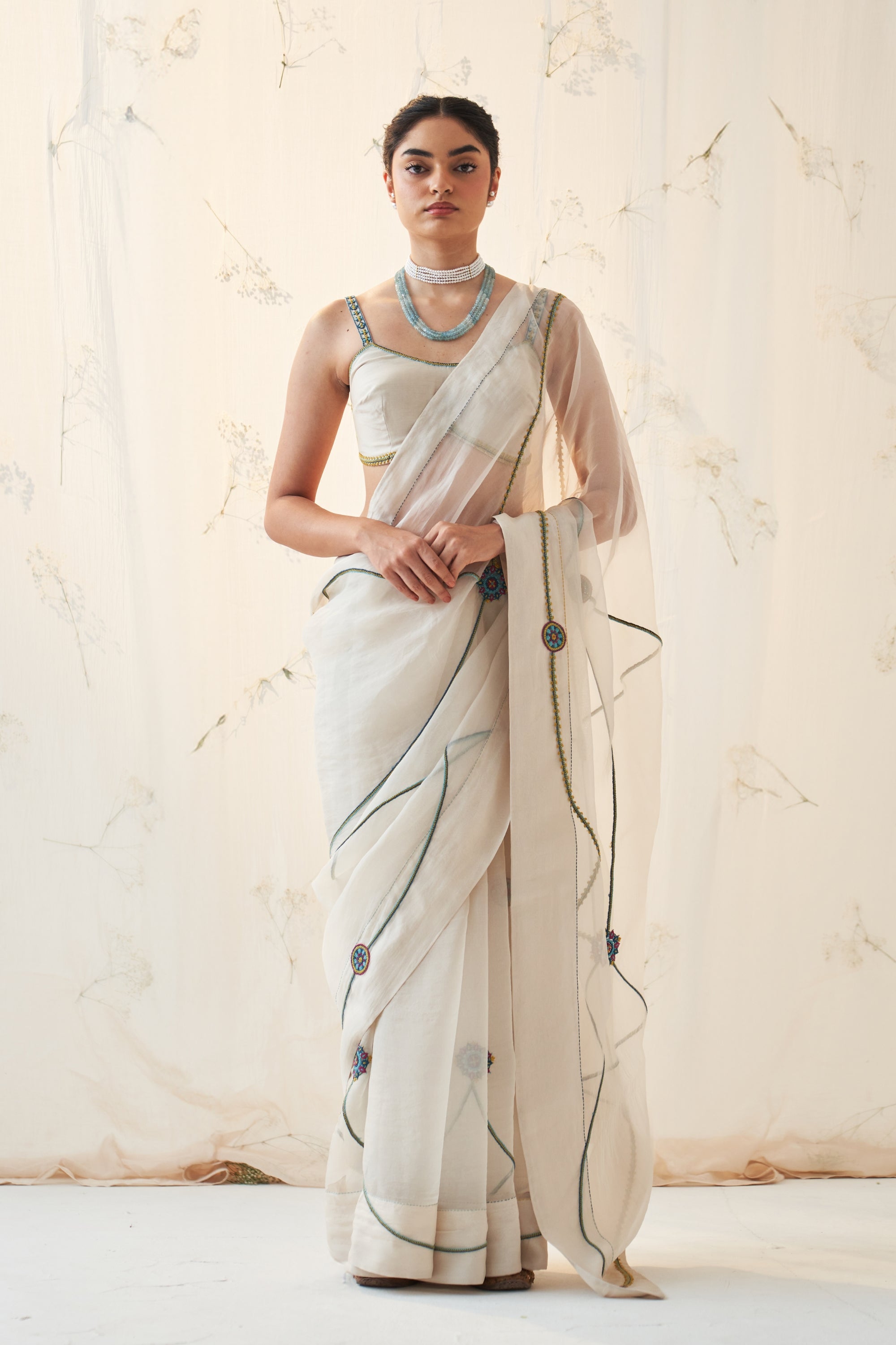 Ivory Organza Saree And Chanderi Blouse With Multicolour Thread Handwork