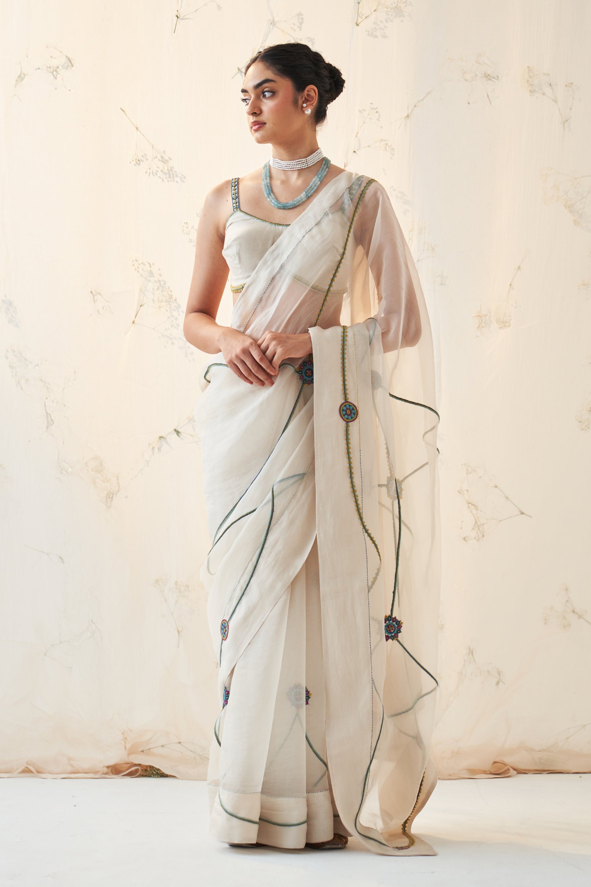 Ivory Organza Saree And Chanderi Blouse With Multicolour Thread Handwork