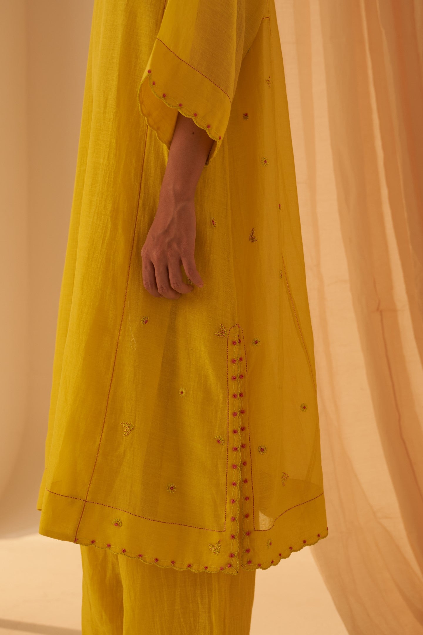 Lime yellow chanderi floral buti embroidered kurta paired with cotton slip, pant & organza dupatta