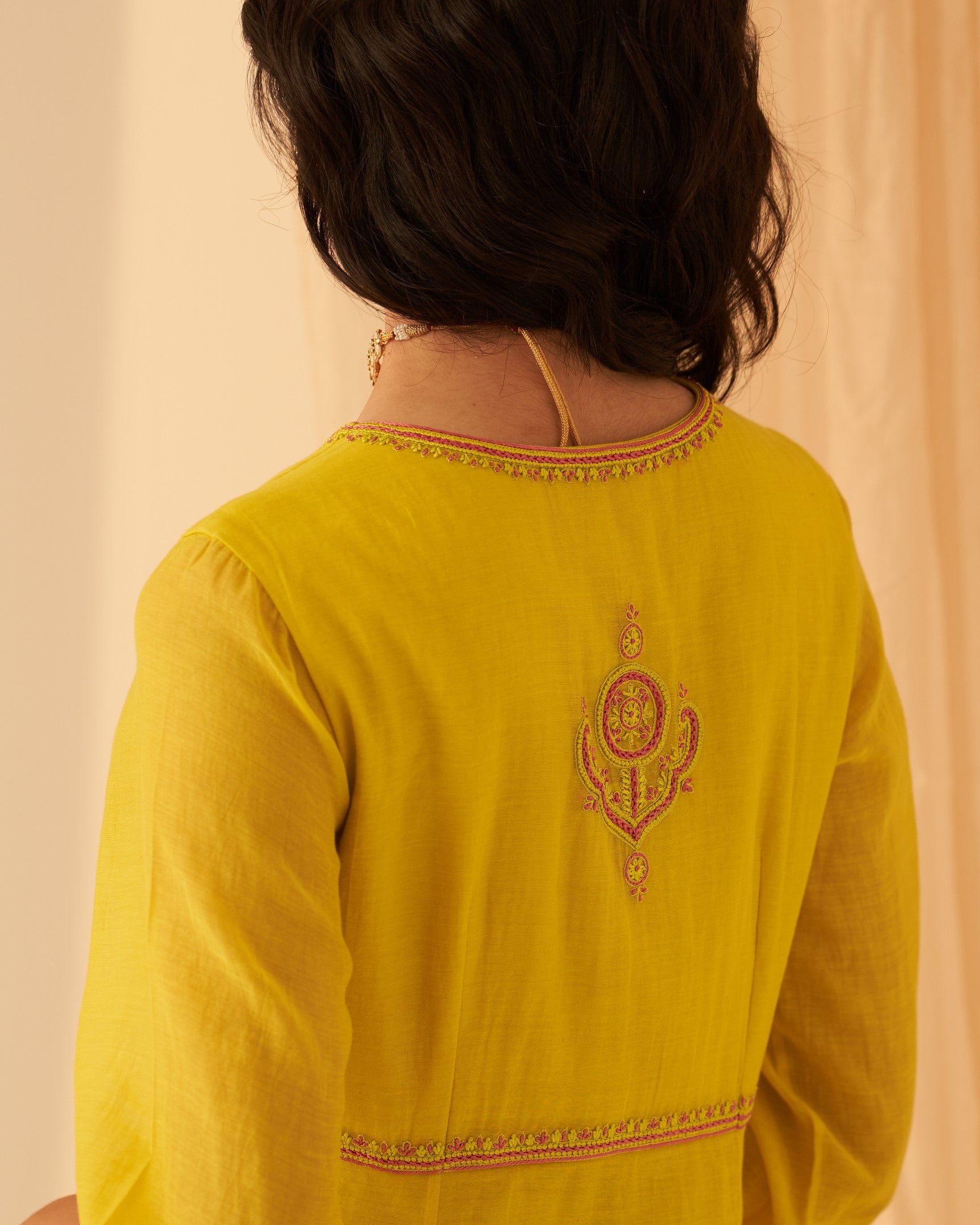 Lime yellow chanderi thread embroidered peplum with sharara & organza dupatta