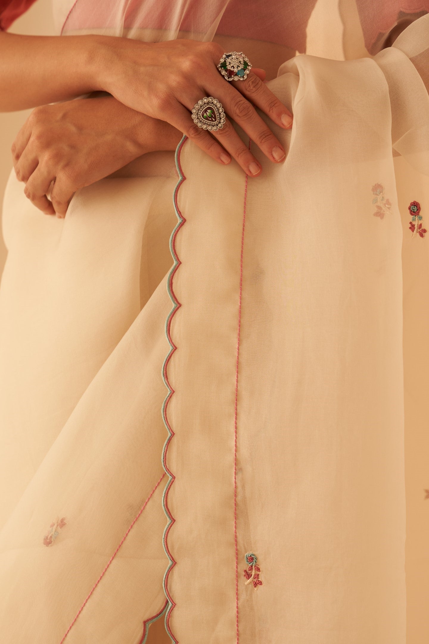 Ivory organza bullion & elegant resham jaal work saree paired with an organic & cotton stitched petticoat