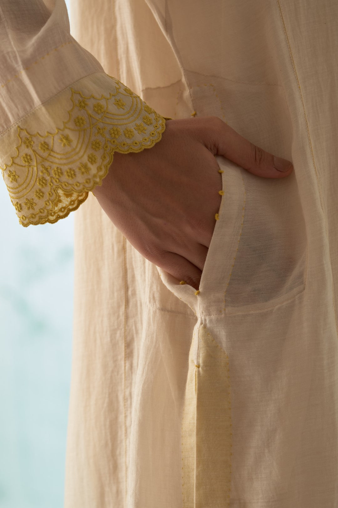 Ivory Yellow Embroidery On Neckline Kurta Set