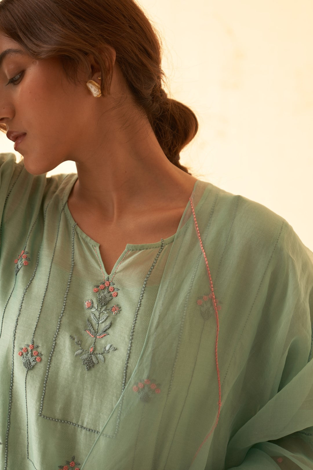 Aqua Floral Motiff Embroidered Kurta Set