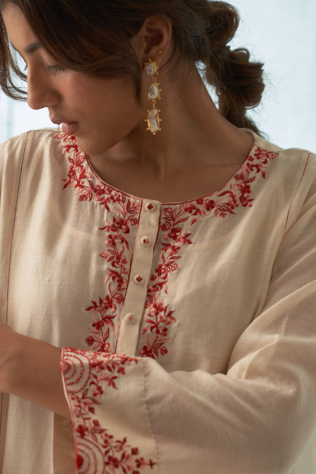 Ivory With Fushia Embroidered Kurta Set