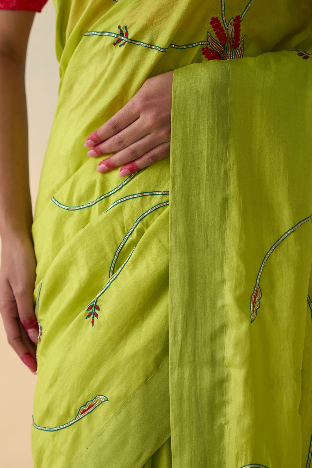 Lime green silk jaal embroidered saree comes with an organic cotton petticoat (02 Pcs.)