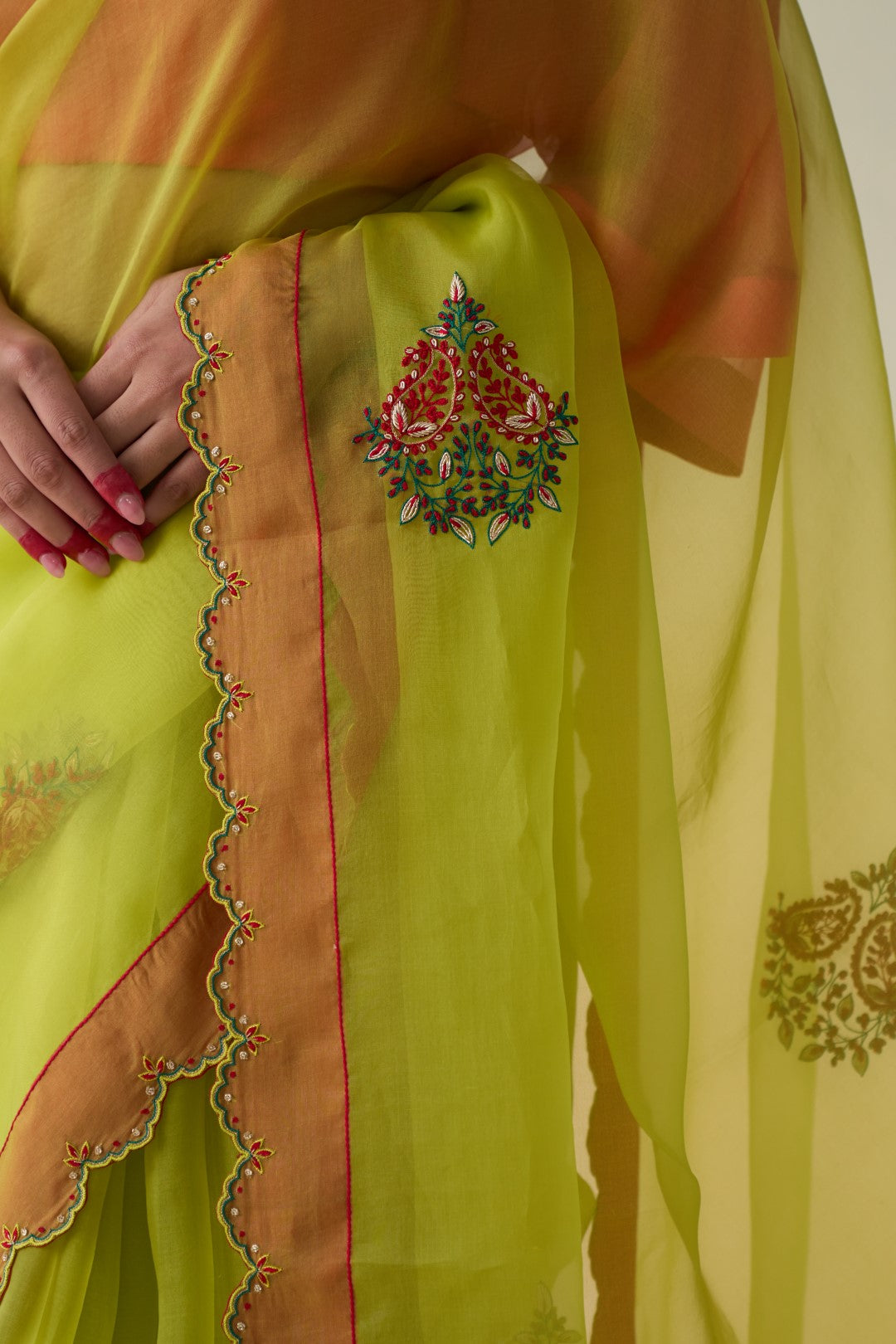 Lime yellow organza floral motifs saree comes with an organic cotton stitched petticoat (02 Pcs.)