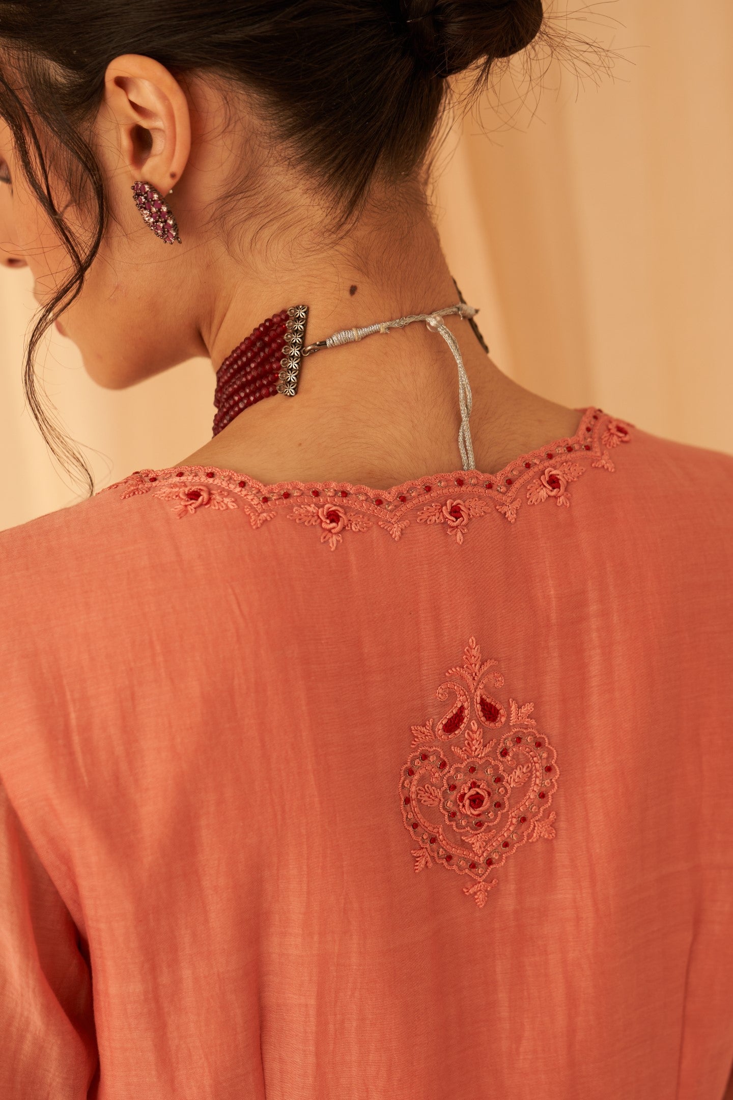 Peach Chanderi embroidered with bullion work peplum with sharara & organza dupatta