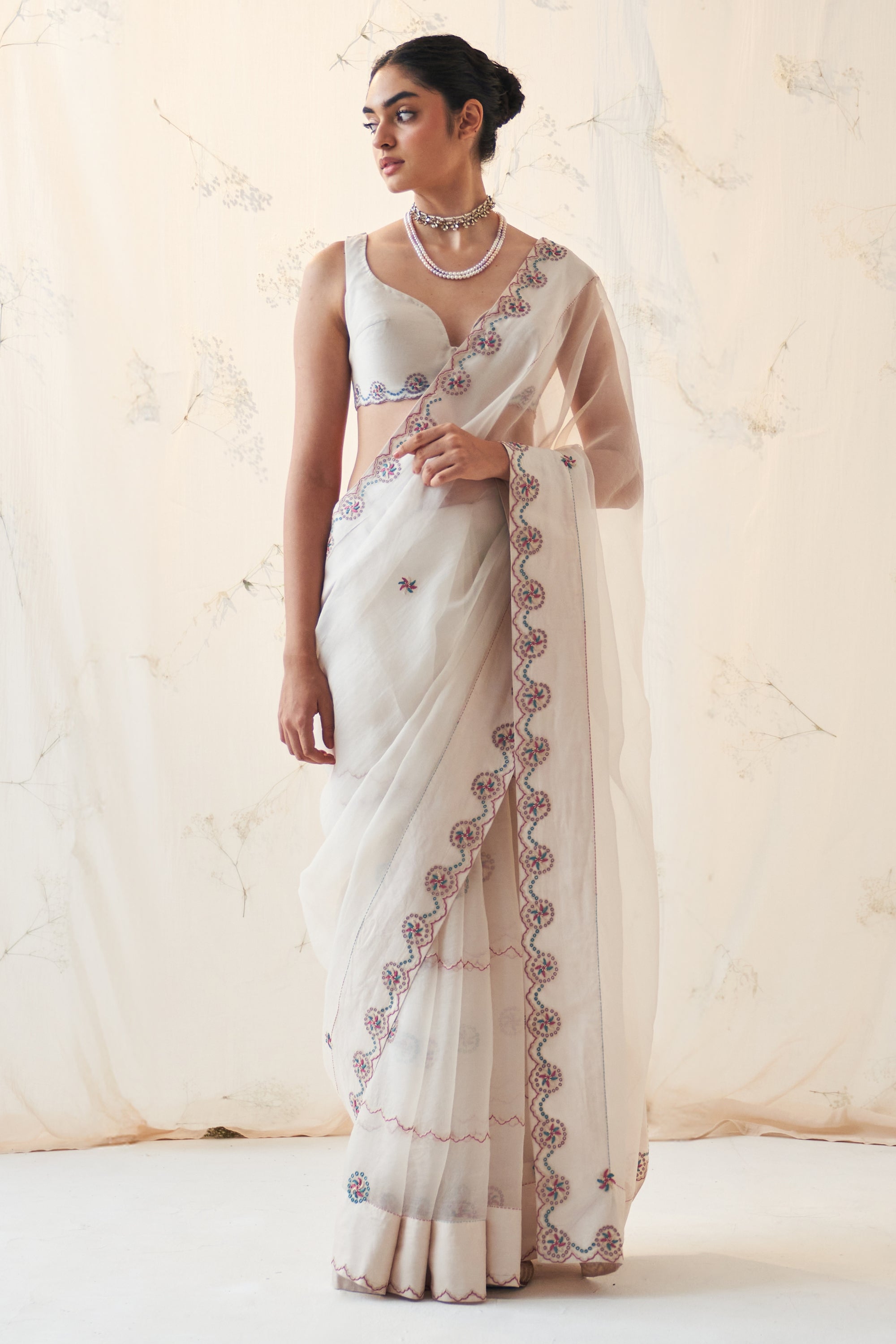 Ivory Organza Saree Thread Work Scallops With A Chanderi Blouse