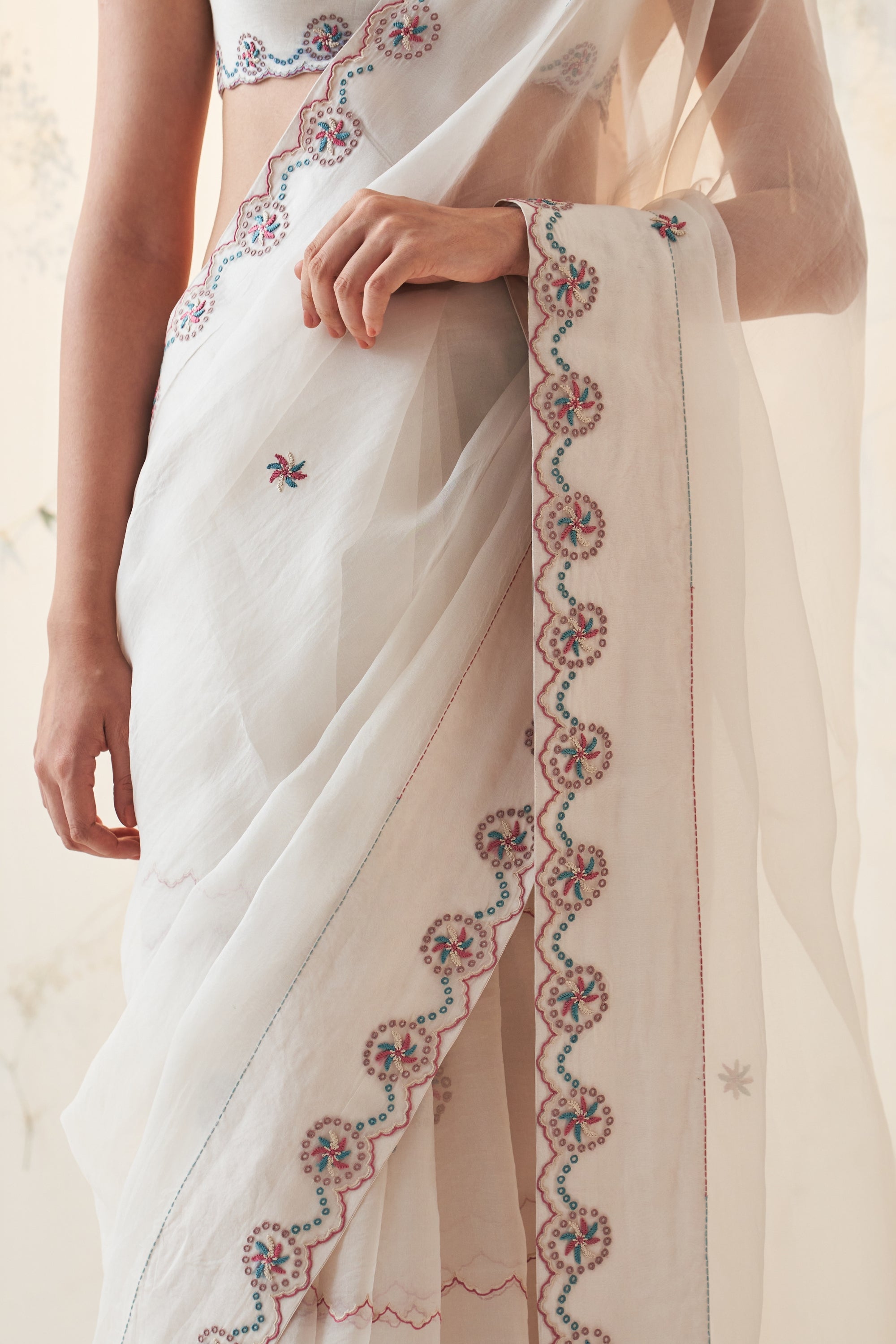 Ivory Organza Saree Thread Work Scallops With A Chanderi Blouse