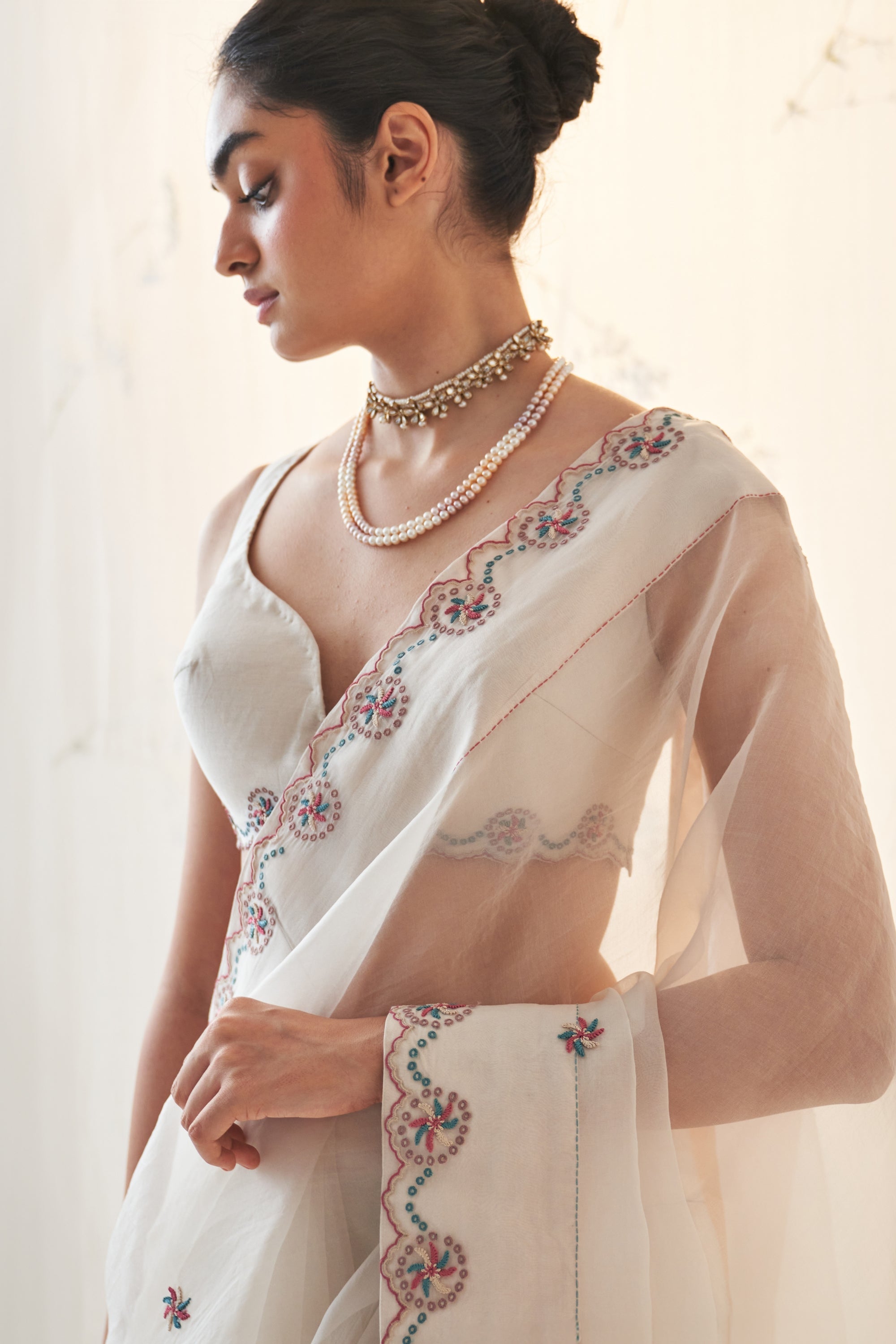 Ivory Organza Saree Thread Work Scallops With A Chanderi Blouse