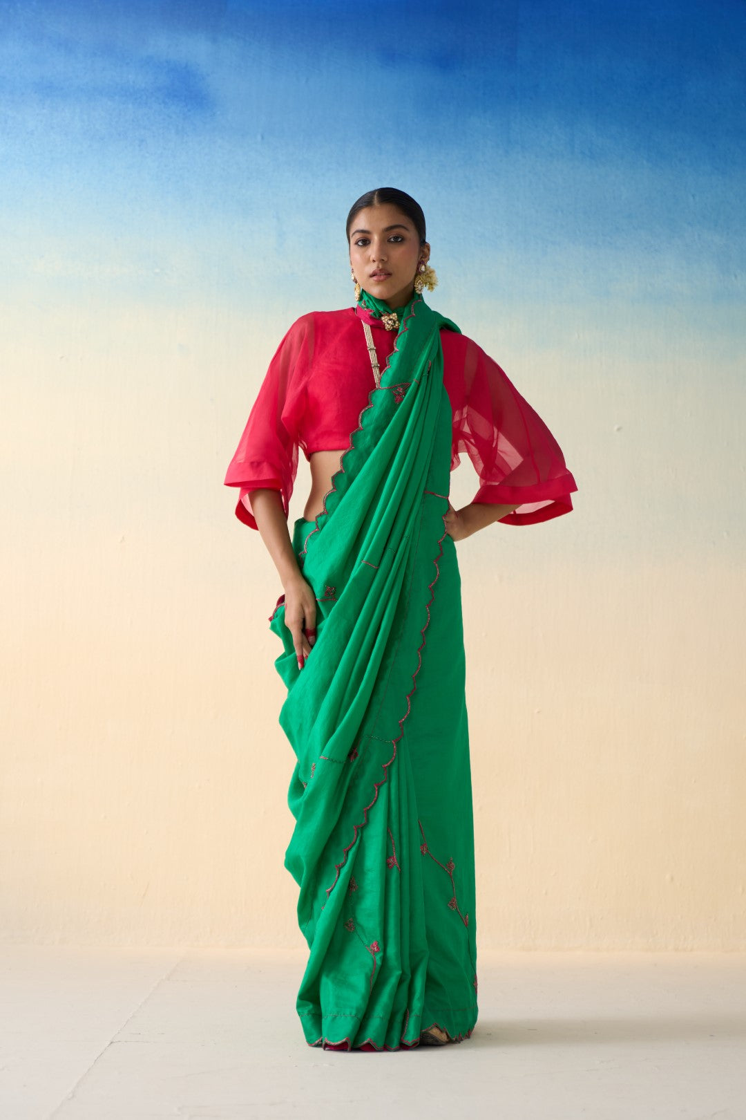 Green multicolor embroidered silk saree comes with an organic cotton stitched petticoat (02 Pcs.)