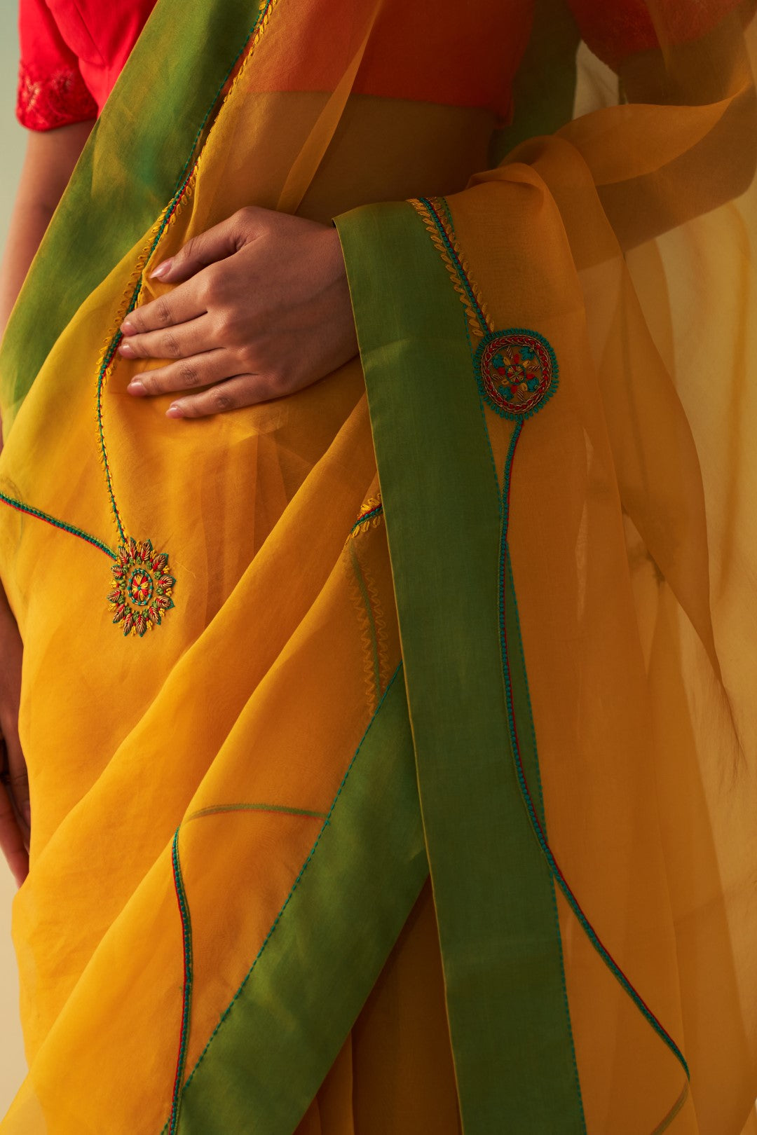 Yellow organza jaal embroidered saree comes with an organic cotton stitched petticoat (02 Pcs.)