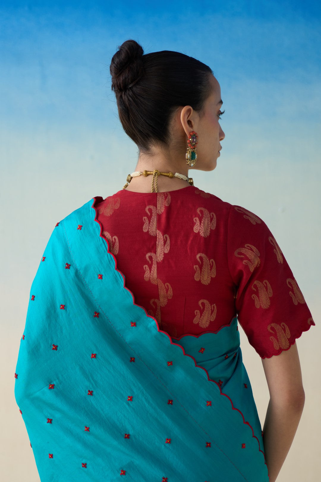 Turquoise silk embroidered saree comes with an organic cotton stitched petticoat ( 02 Pcs.)