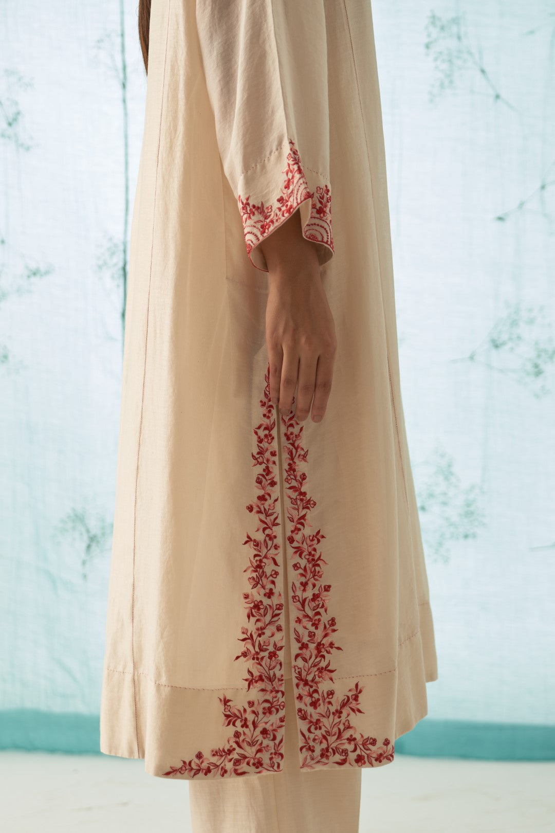 Ivory With Fushia Embroidered Kurta Set