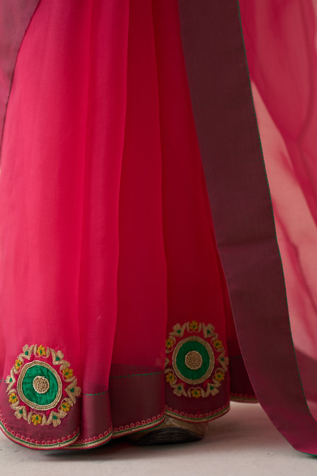 Fuchsia pink organza embroidered  saree comes with an organic cotton stitched petticoat (02 Pcs.)