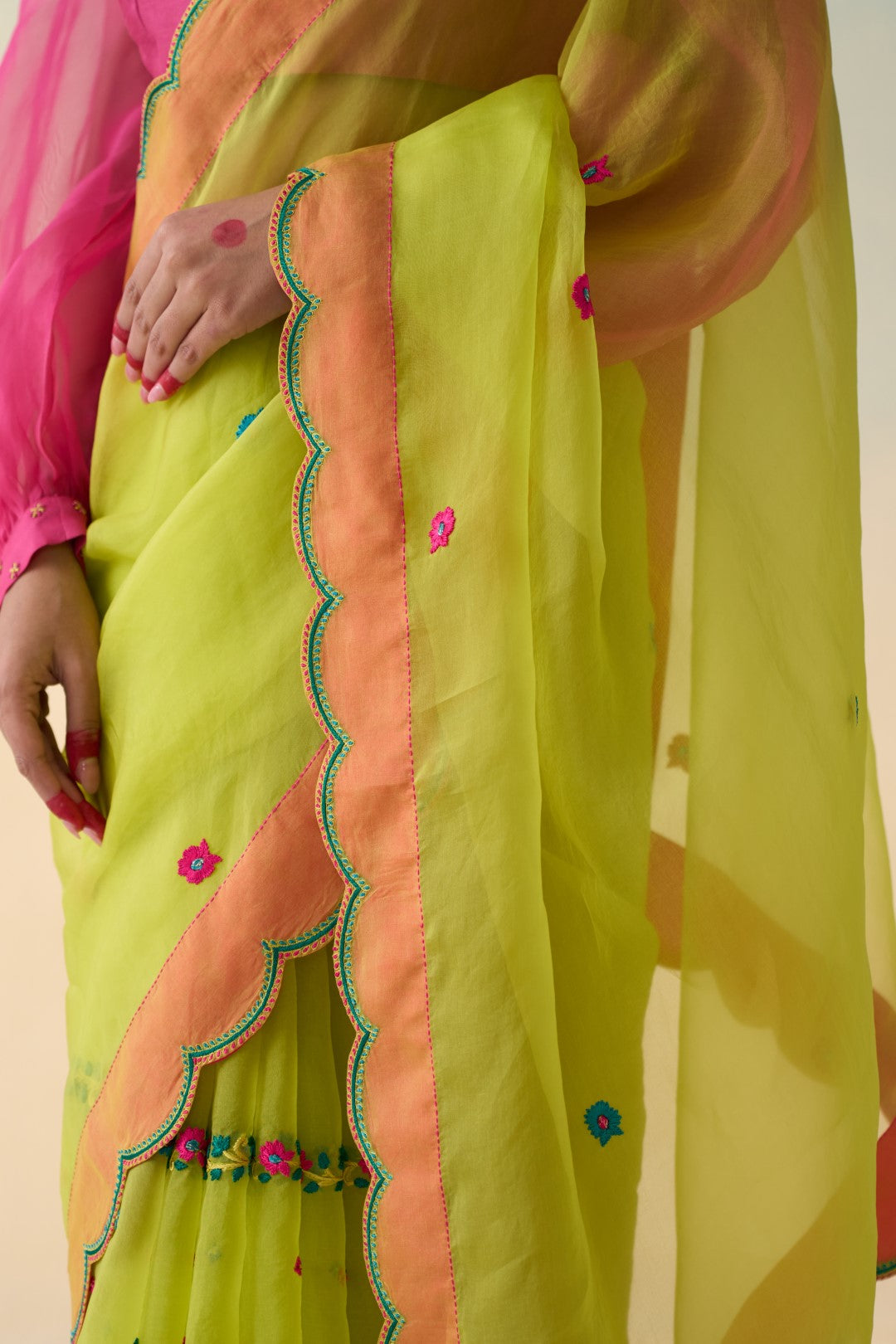 Lime green organza embroidered saree comes with an organic cotton  petticoat (02 Pcs.)