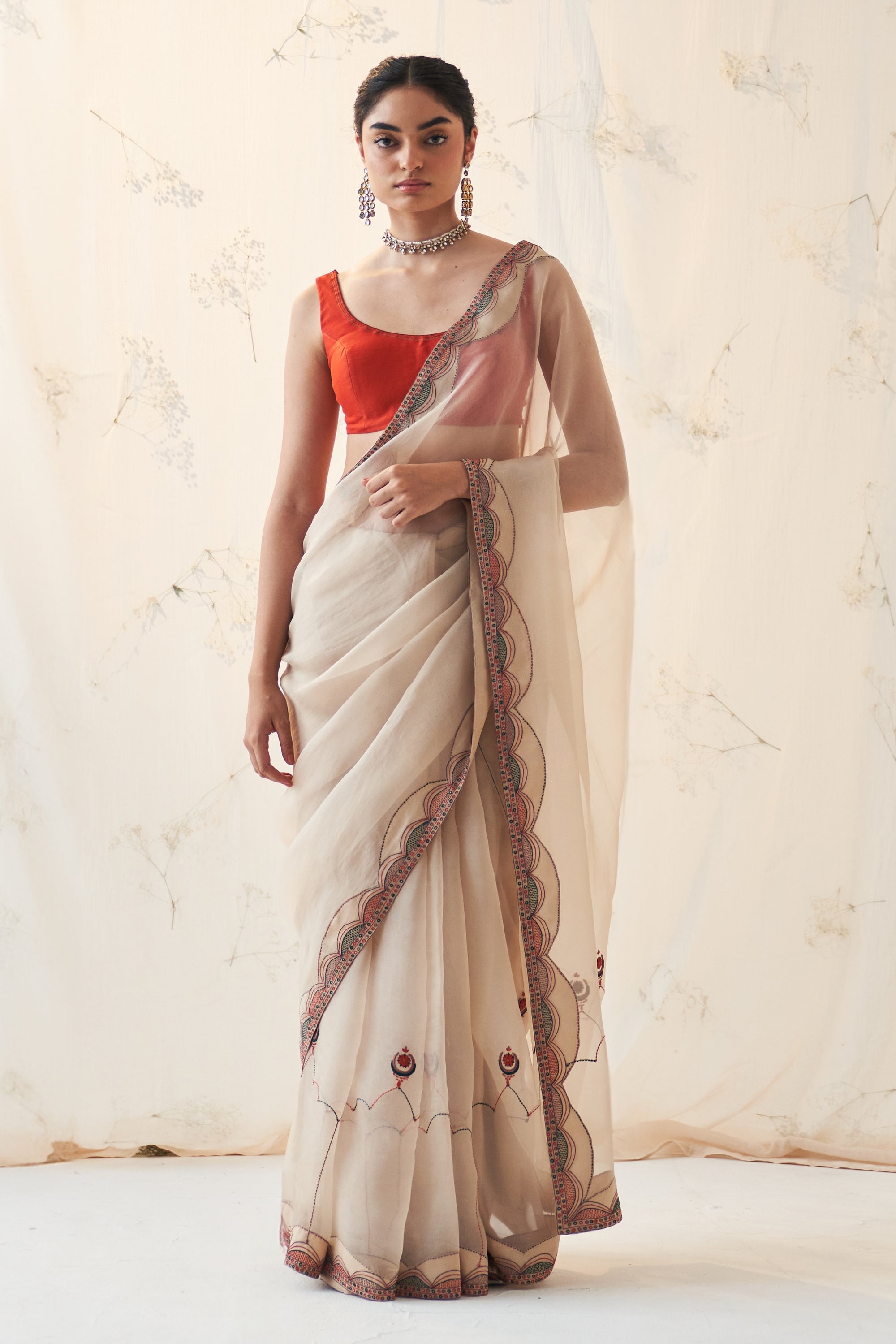 Champagne Gold Organza Saree Comes With Orange Chanderi Stitched Blouse & Organic  Cotton Stitched Petticoat