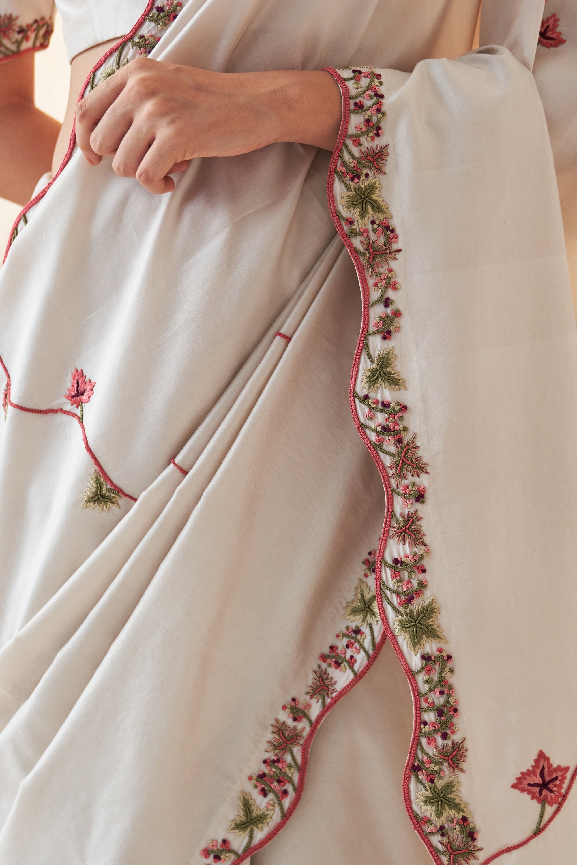 Ivory Silk Saree Comes With Silk Stitched Blouse & Organic Cotton Stitched Petticoat