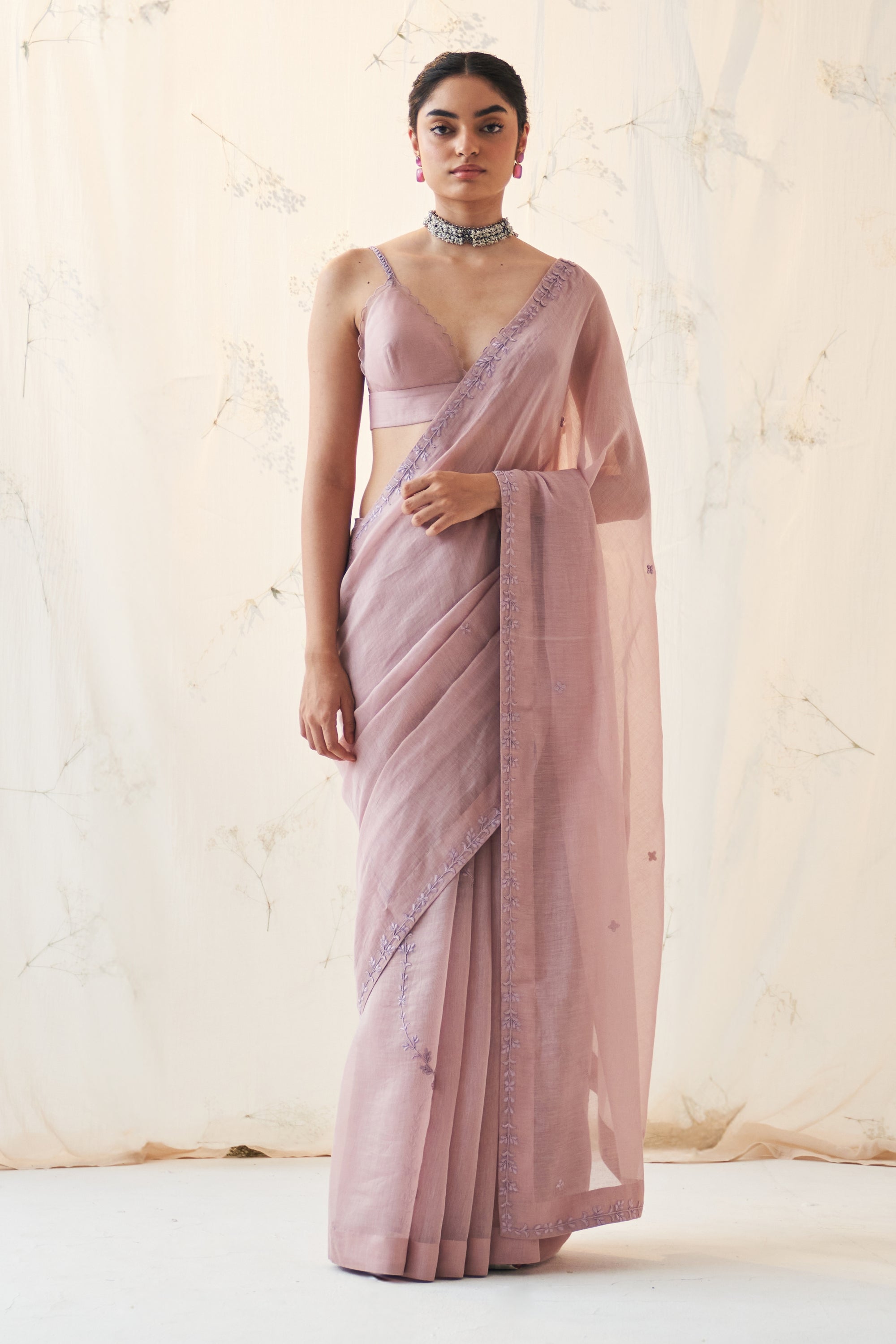 Lavender Chanderi Saree Comes With Chanderi Stitched Blouse & Organic Cotton Stitched Petticoat