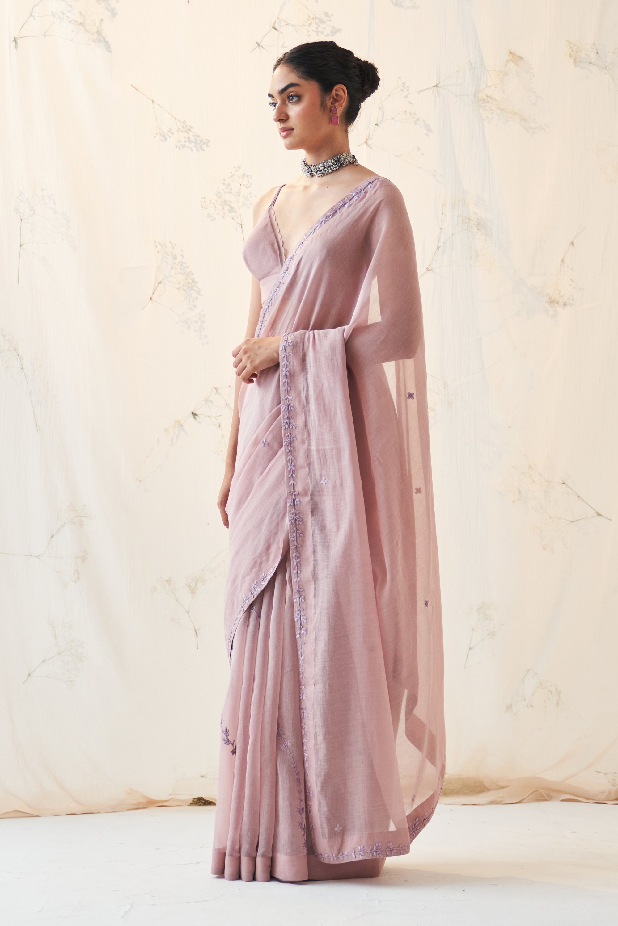 Lavender Chanderi Saree Comes With Chanderi Stitched Blouse & Organic Cotton Stitched Petticoat