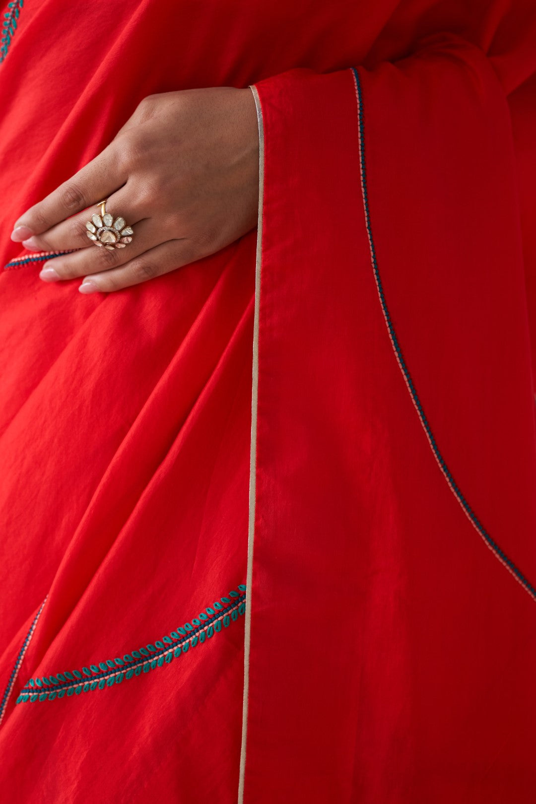 Red Silk embroidered saree comes with an organic cotton stitched petticoat (02 pcs.)