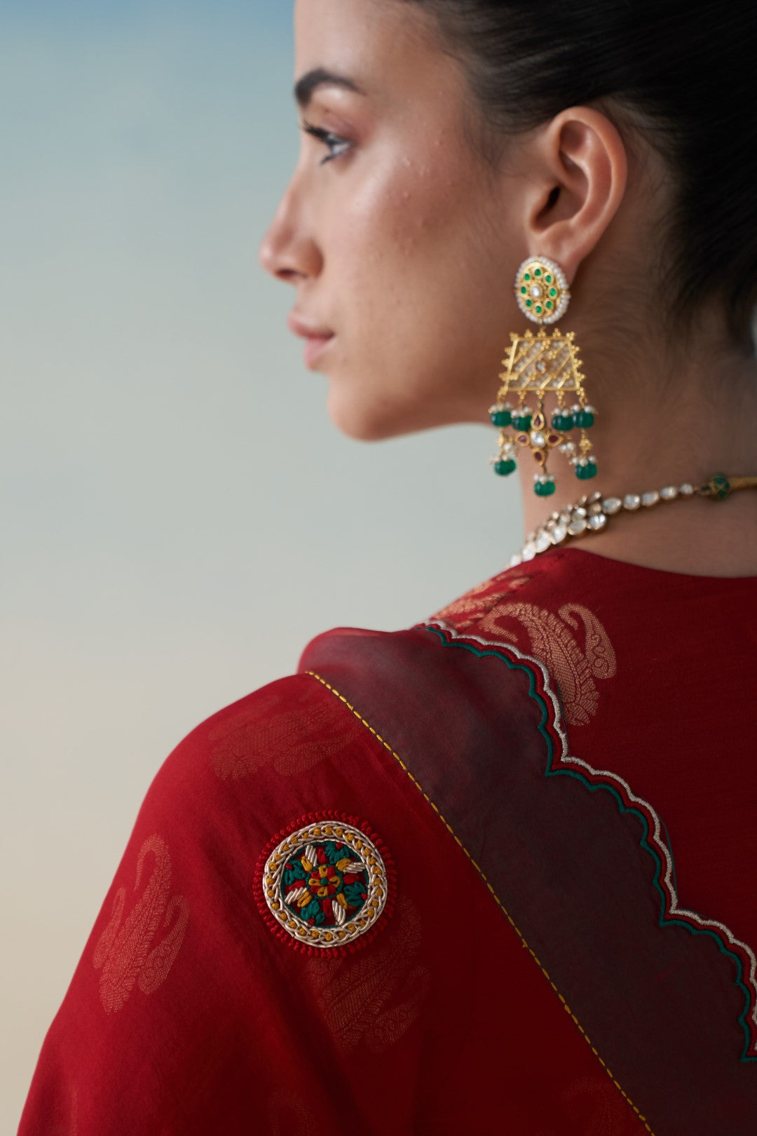 Red organza embroidered saree, comes with an organic cotton stitched petticoat (02 Pcs.)