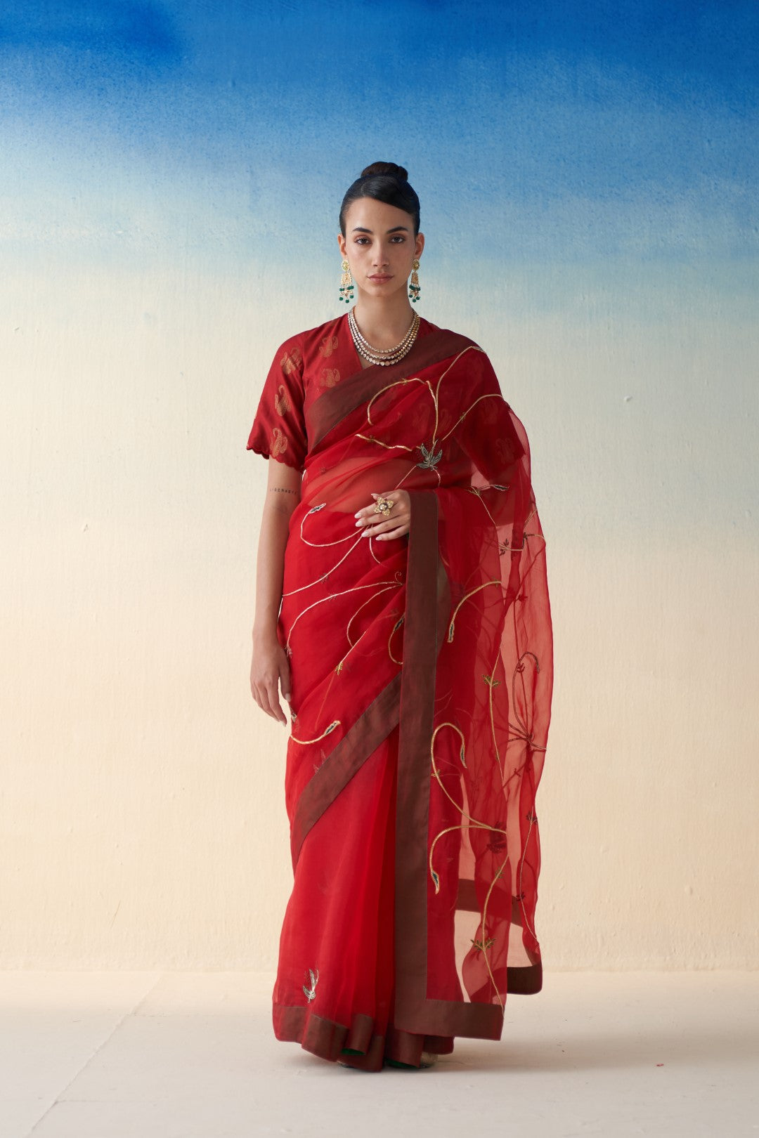 Red organza jaal embroidered saree comes with an organic cotton stitched petticoat (02 Pcs.)