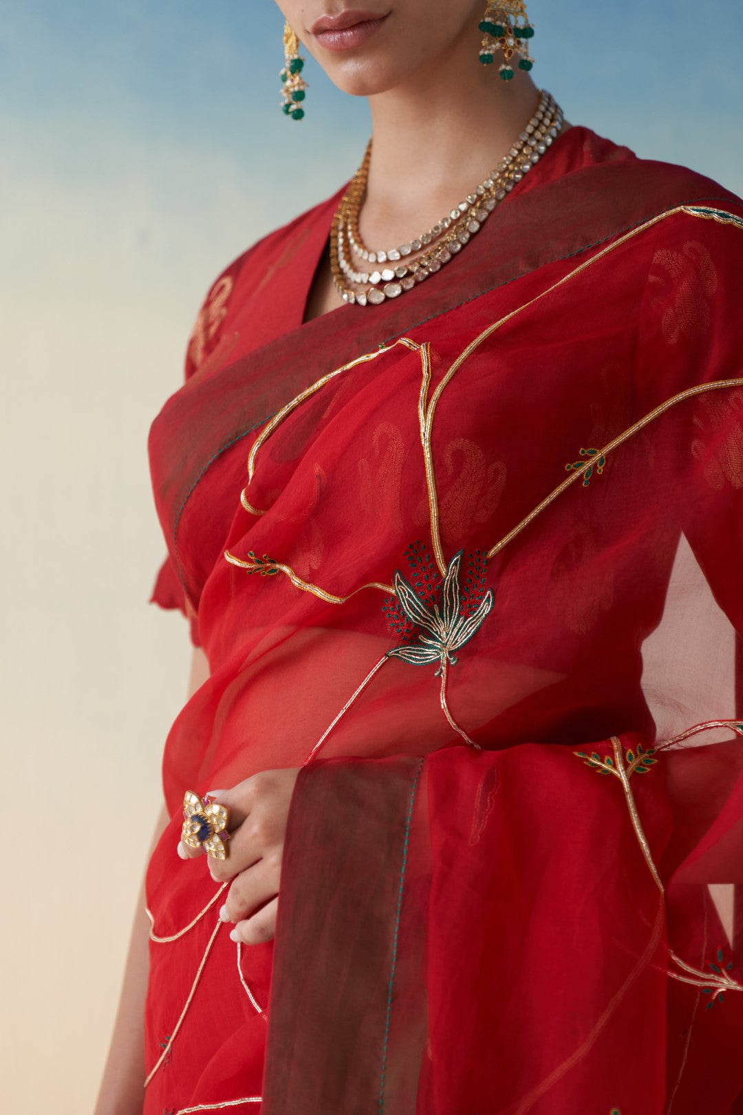 Red organza jaal embroidered saree comes with an organic cotton stitched petticoat (02 Pcs.)