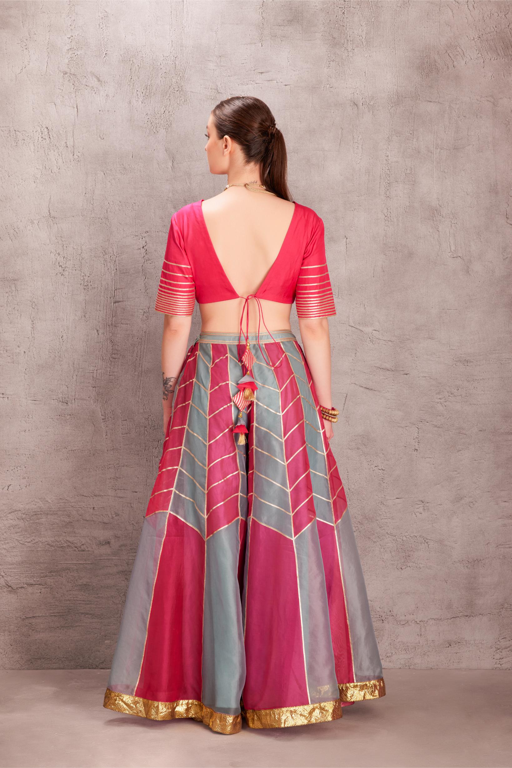 Ice Blue And Hot Pink Embroidered Sharara Set